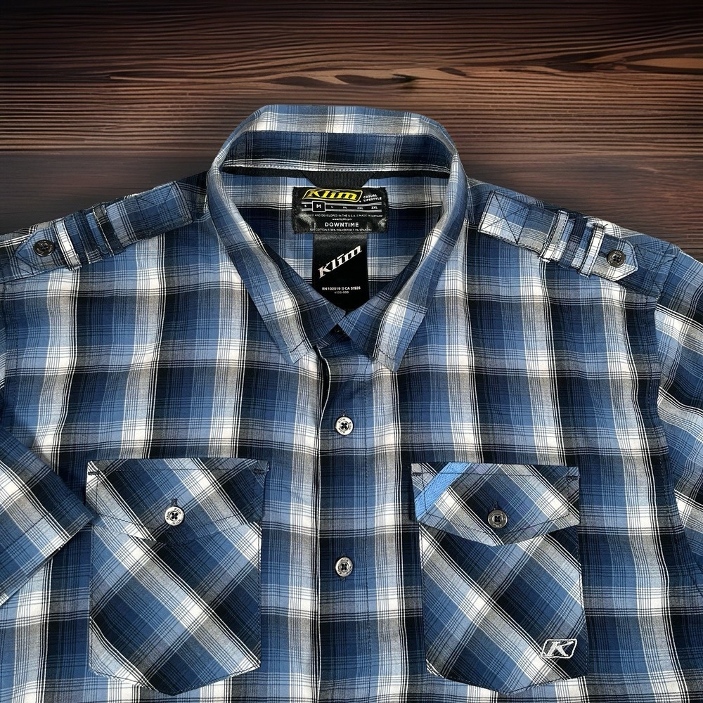 Klim Mens M Button Down Shirt Blue Plaid Short Sleeve Downtime Casual Epaulets